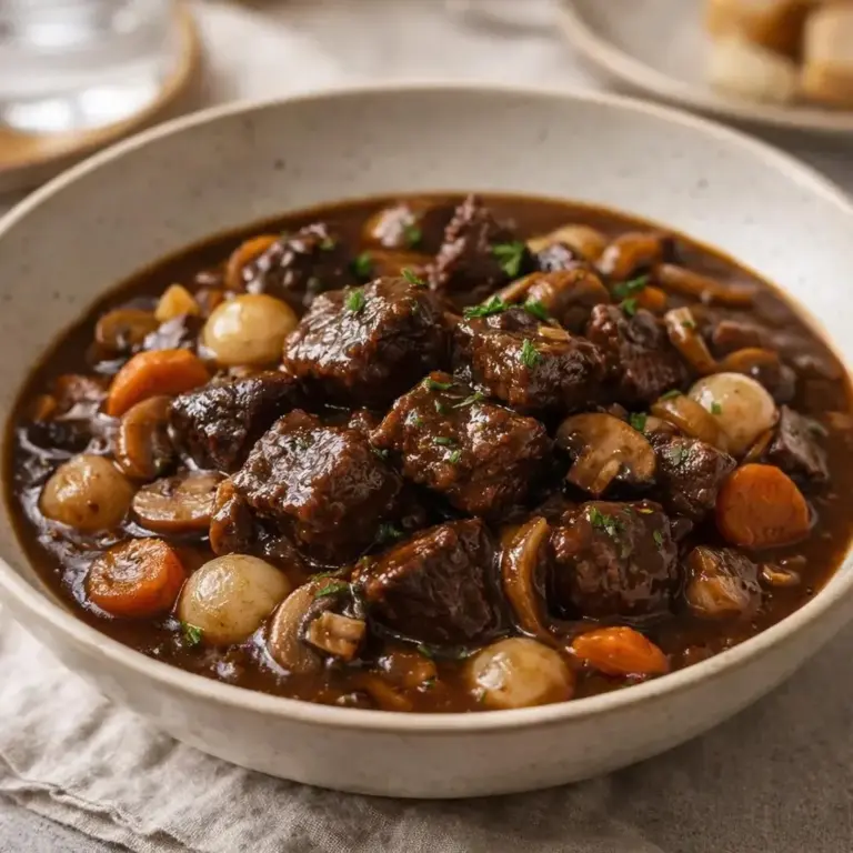 Boeuf Bourguignon mit rotem Wein – zarte Fleischstücke in cremiger Sauce