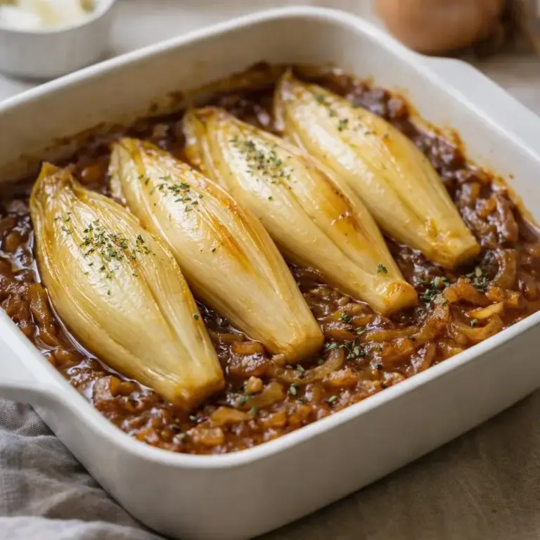 Überbackene Endivien mit karamellisiertem Zwiebeljus