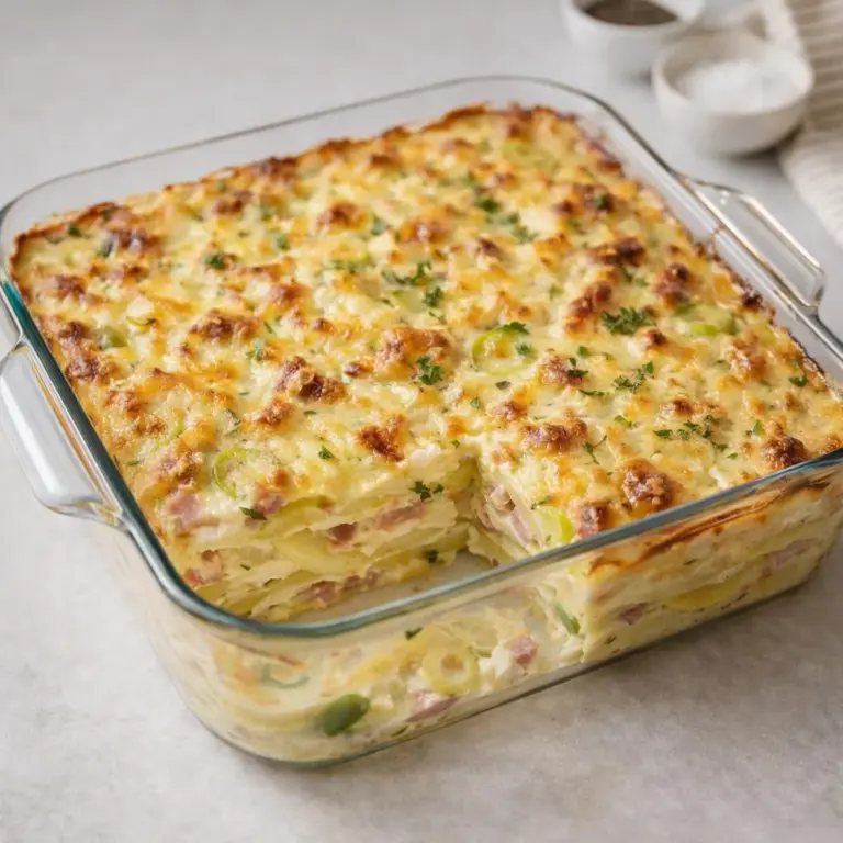 Kartoffelgratin mit Lauch und Speck aus dem Ofen