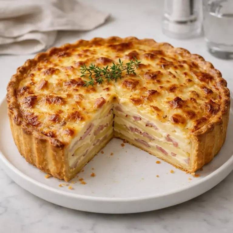 Hausgemachte Quiche mit Kartoffeln, Speck und Reblochon