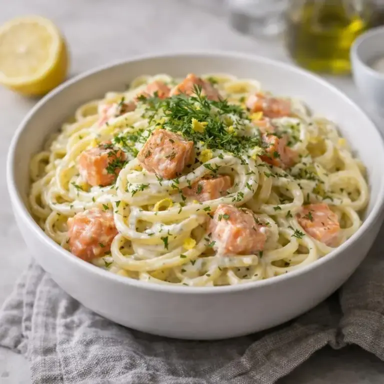 Spaghetti mit geräuchertem Lachs in Zitronen-Dill-Cremewürze