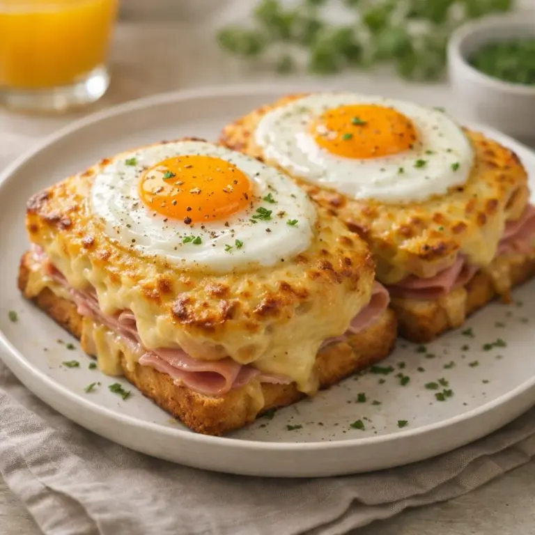 Überbackene Schinken-Käse-Tartines mit Spiegelei
